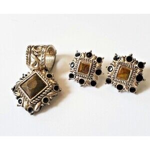 Vintage Western Pendant Pierced  Earrings Set Silver Brown Quartz Stone